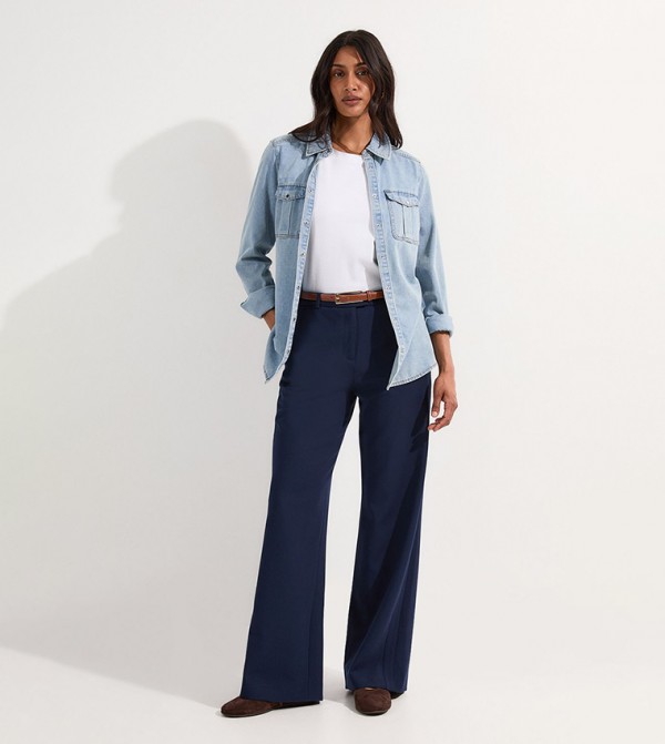 Compact Stretch PU Tipped Tailored Wide Leg Trousers
