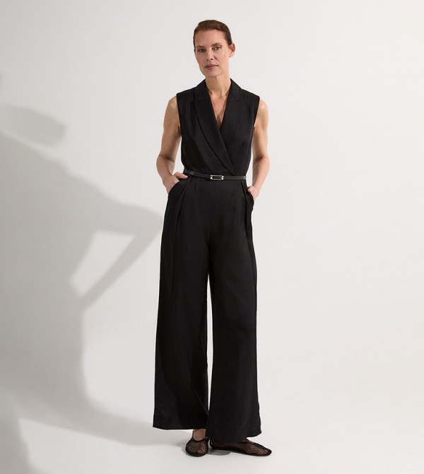 Petite Premium Viscose Linen Tailored Belted Wide Leg Jumpsuit
