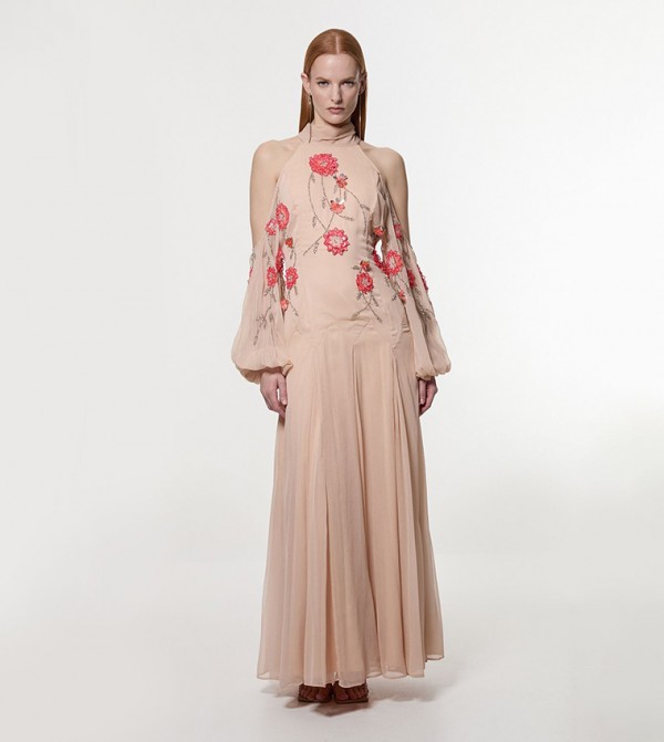 Petite Cold Shoulder Floral Print Appliqued Woven Maxi Dress