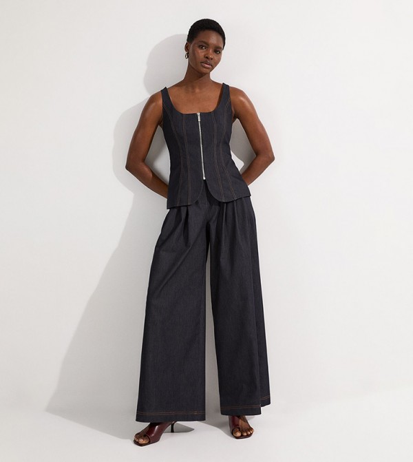 Peplum Wide Leg Denim Jumpsuit
