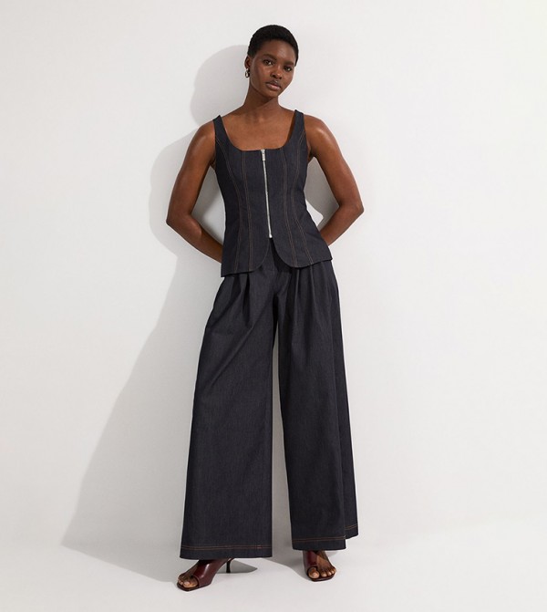 Petite Peplum Wide Leg Denim Jumpsuit