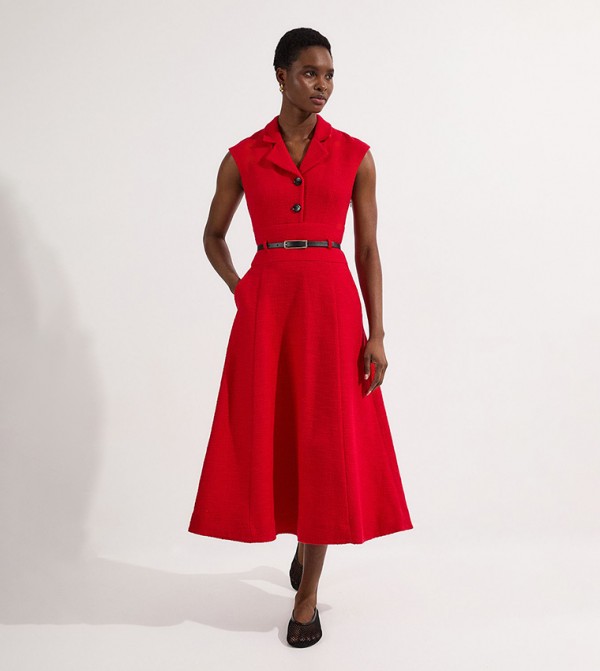 Petite Textured Tweed Belted Full Skirted Midi Dress