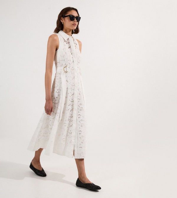 Cutwork Topstitch Halter Woven Midi Dress With Gold D Ring Detail