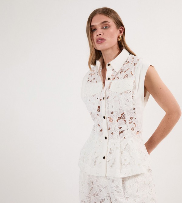 Cutwork Topstitch Pintuck Woven Top