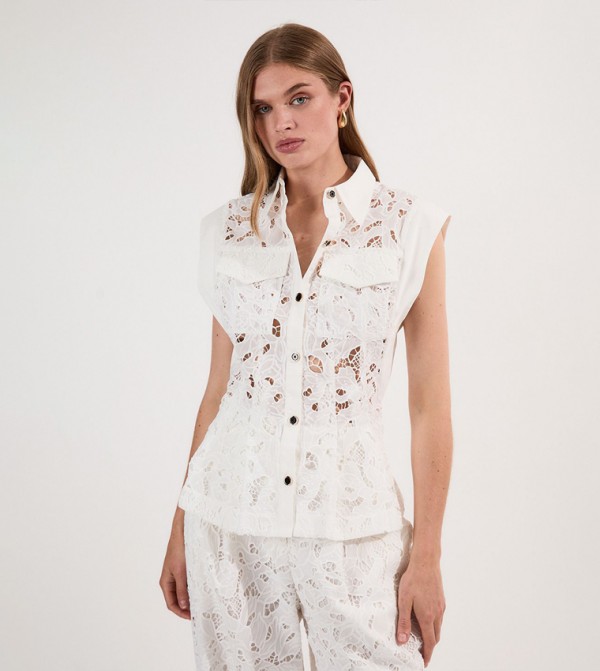 Tall Cutwork Topstitch Pintuck Woven Top