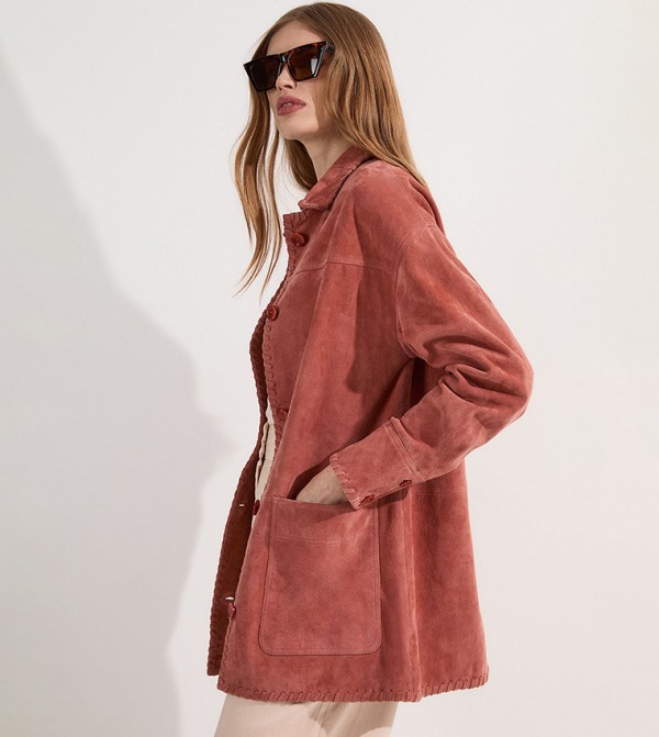 Suede Whip Stitch Detail Collared Jacket