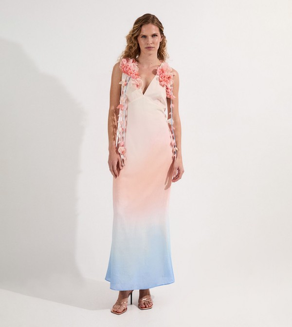Ombre Applique Woven Halterneck Woven Maxi Dress