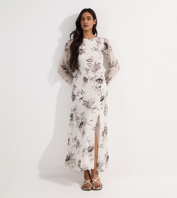 Sheer Viscose Georgette Sketchy Floral Woven Cowl Back Maxi Dress