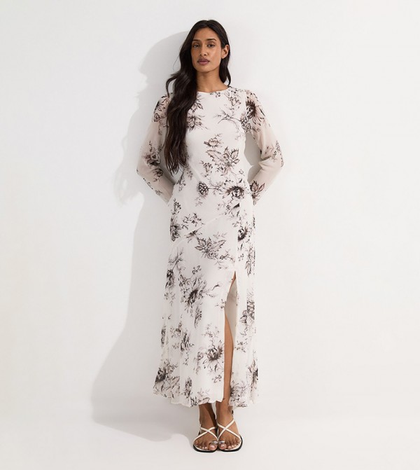 Petite Sheer Sketchy Floral V-Neck Woven Halter Neck Dress