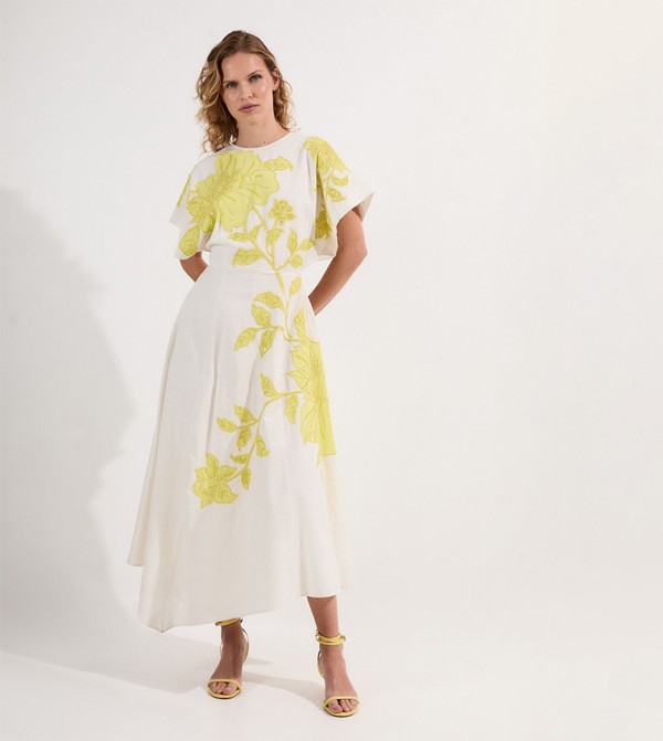 Tie Back Detail Applique And Beaded Linen Midi Dress
