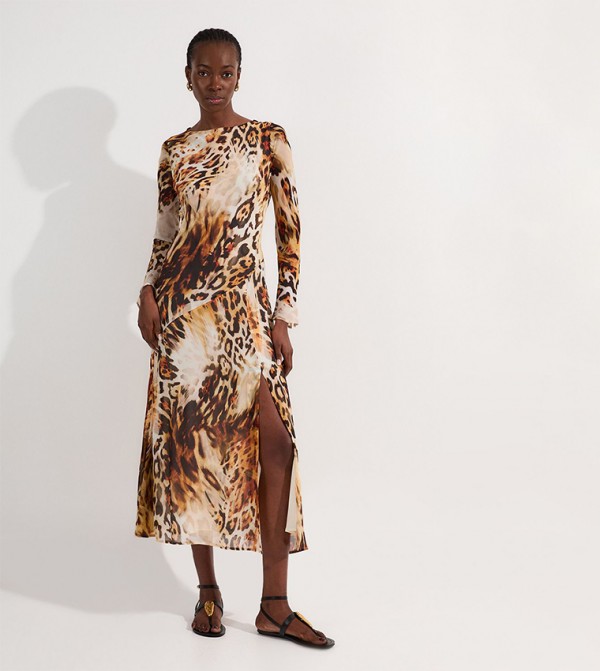 Sheer Viscose Georgette Sketchy Animal Woven Cowl Back Maxi Dress