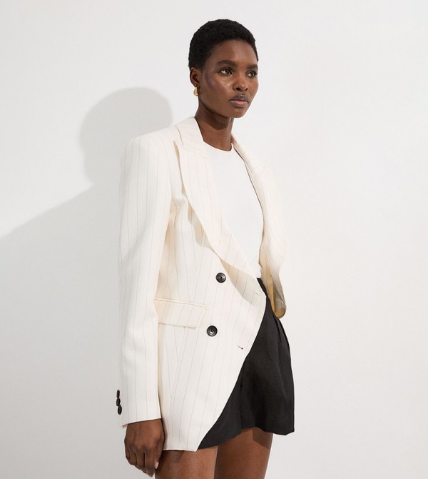 Pinstriped Double Breasted Waisted Tailored Blazer