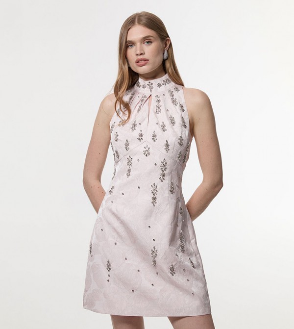 Jacquard Crystal Embellished High Neck Mini Dress