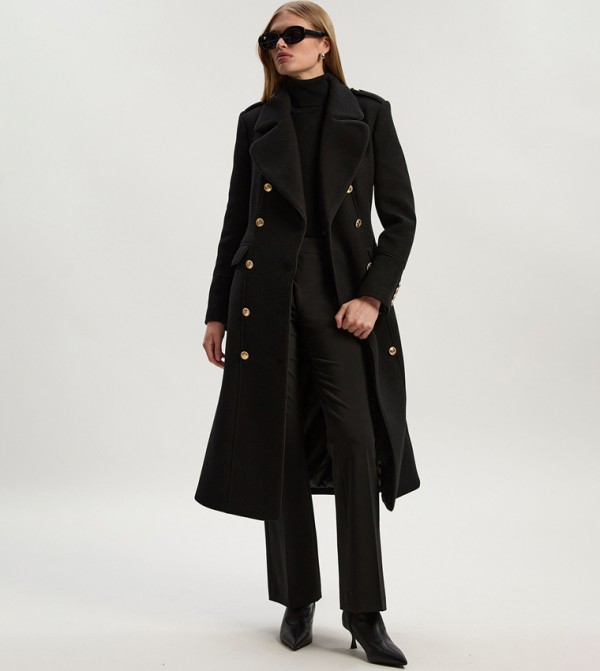 Double Breasted Military Tailored Wool Midi Coat