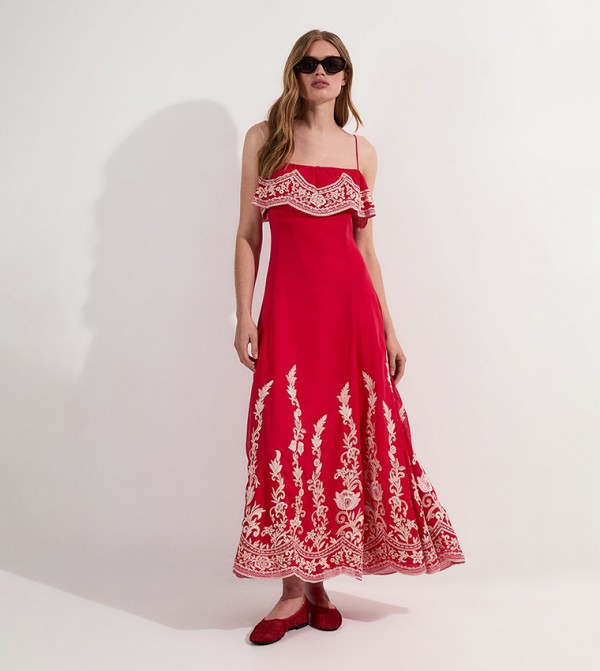 Embroidered Applique Strappy Midaxi Dress