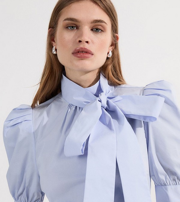 Poplin Pussy Bow Puff Sleeves Top