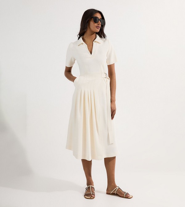 Soft Tailored Pleated Belted Midi Dress