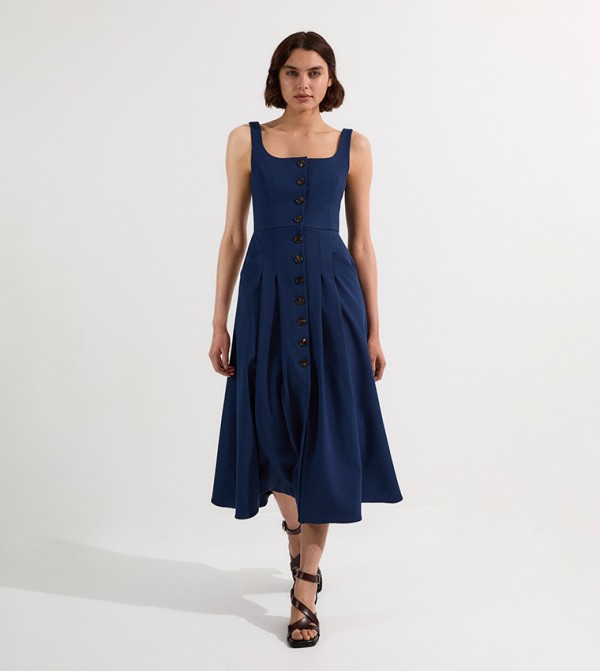 Tailored Textured Button Though Strappy Full Midi Dress