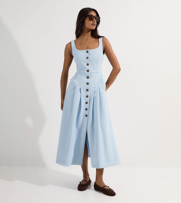 Tailored Textured Button Though Strappy Midi Dress