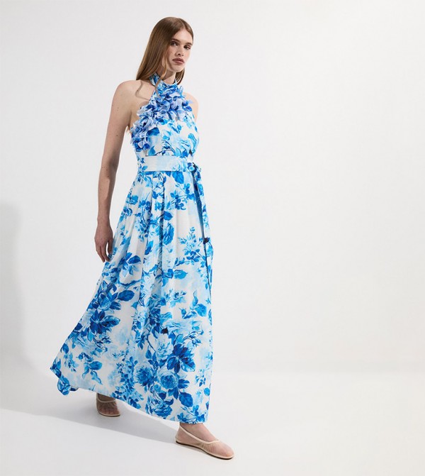 فستان ماكسي بحمالة رقبة وكشكشة وطبعة