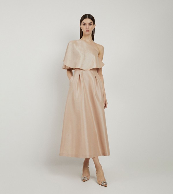 Petite Taffeta One Shoulder Ruffle Midi Dress