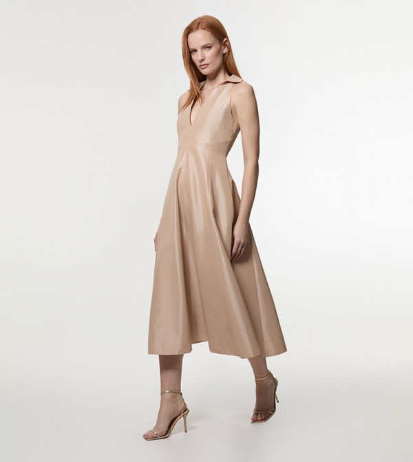 Metallic Taffeta Tux Tailored Flareded Shirt Dress