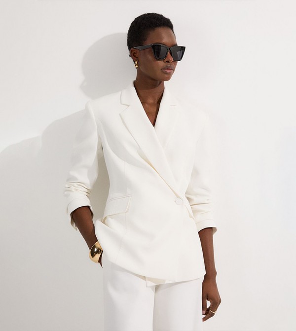 Compact Stretch Stab Stitch Asymmetric Wrap Blazer