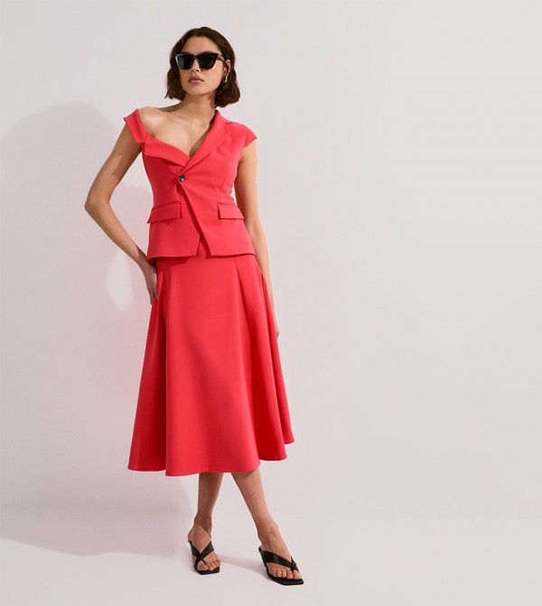 Compact Stretch Asymmetric Collar Belted Full Skirted Midi Dress