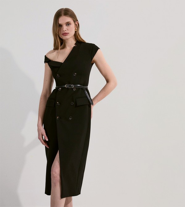 Compact Stretch Asymmetric Collar Pencil Maxi Dress