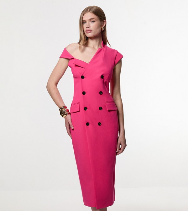 Compact Stretch Asymmetric Collar Pencil Maxi Dress