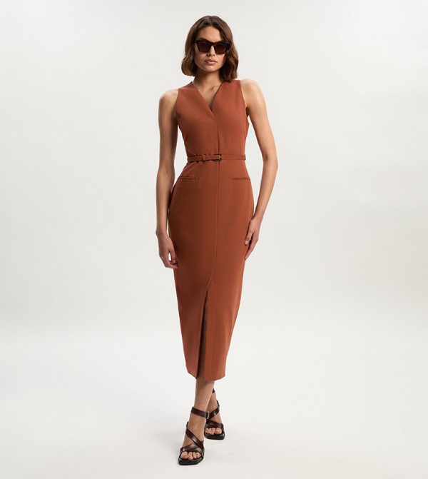 Twill Essential Sleeveless Belted Pencil Midi Dress