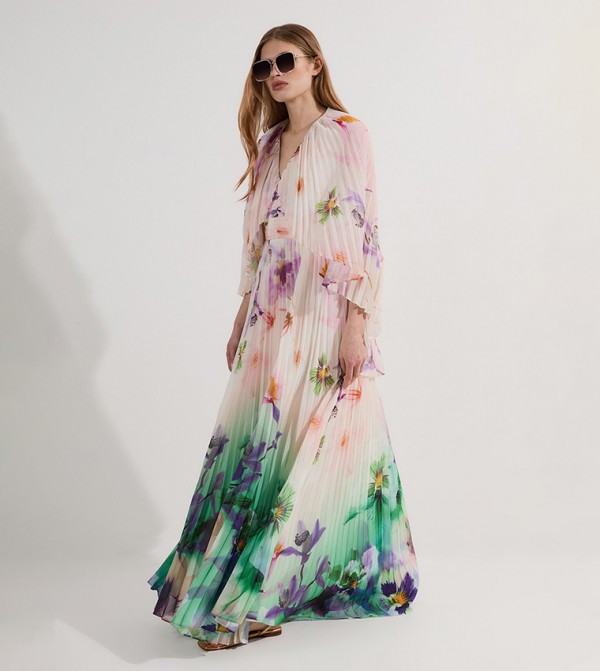 Pleated Floral Cape Sleeves Plunge Neck Woven Maxi Dress
