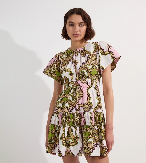 Shirred Cotton Tiered Tile Print Woven Mini Dress
