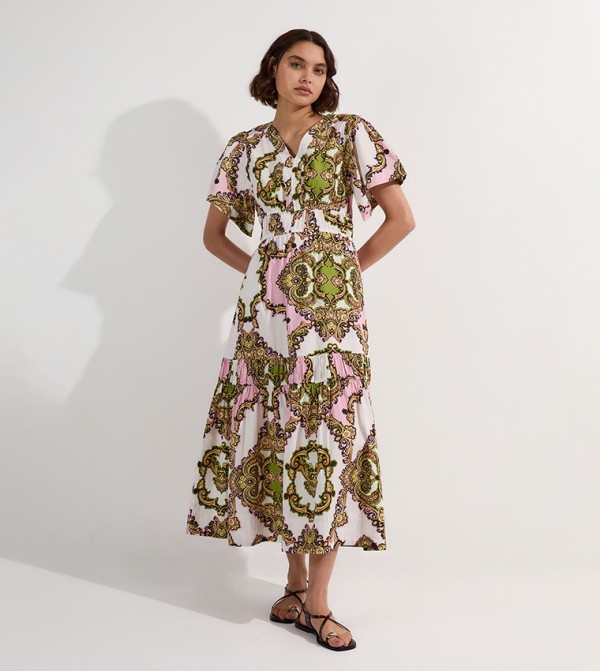 Shirred Cotton Tiered Tile Print Woven Maxi Dress
