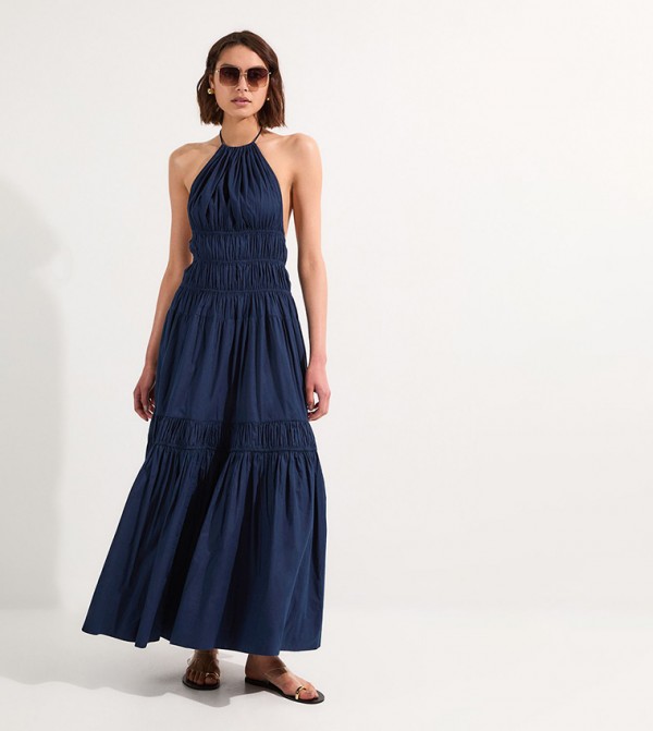 Shirred Tiered Halter Neck Woven Maxi Dress