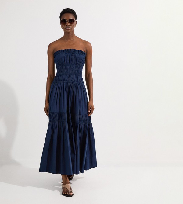 Shirred Cotton Tiered Bandeau Woven Maxi Dress