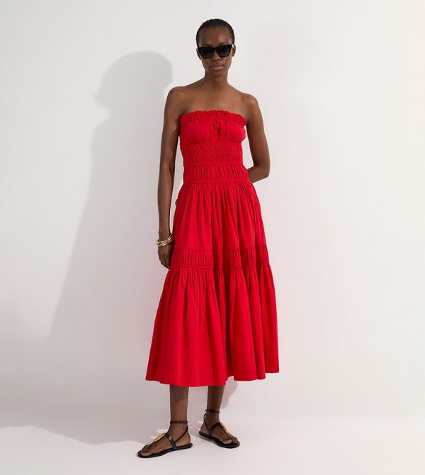 Shirred Tiered Strapless Maxi Dress
