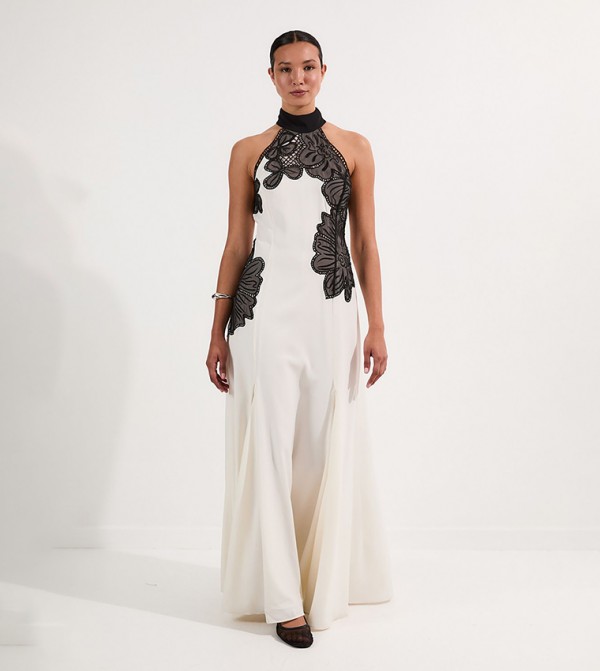 Embroidered Appliqued Crepe Halter Woven Maxi Dress