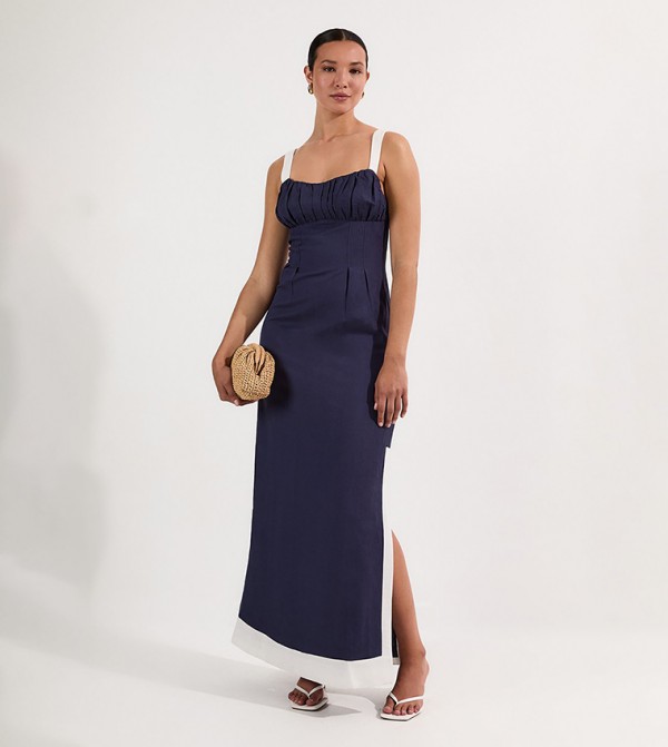 Tall Linen Viscose Color Block Strappy Woven Midi Dress