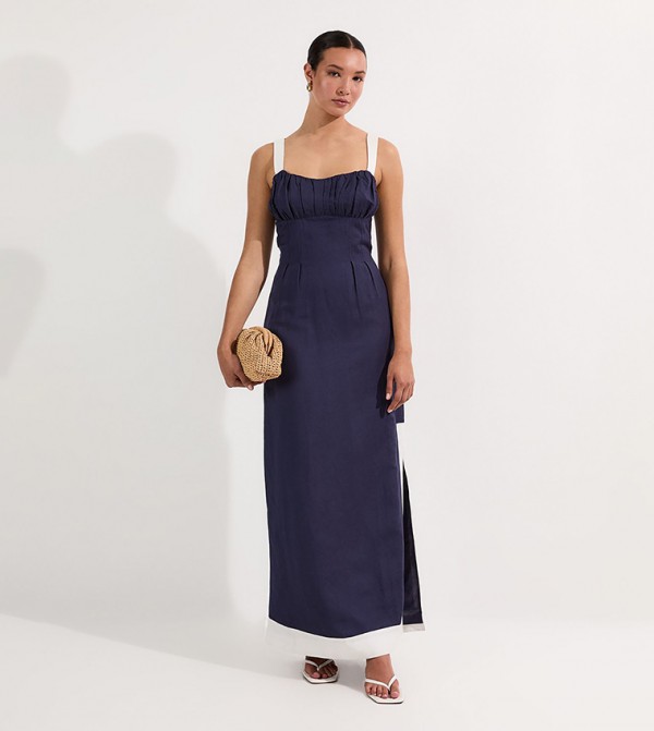 Linen Viscose Color Block Strappy Woven Midi Dress
