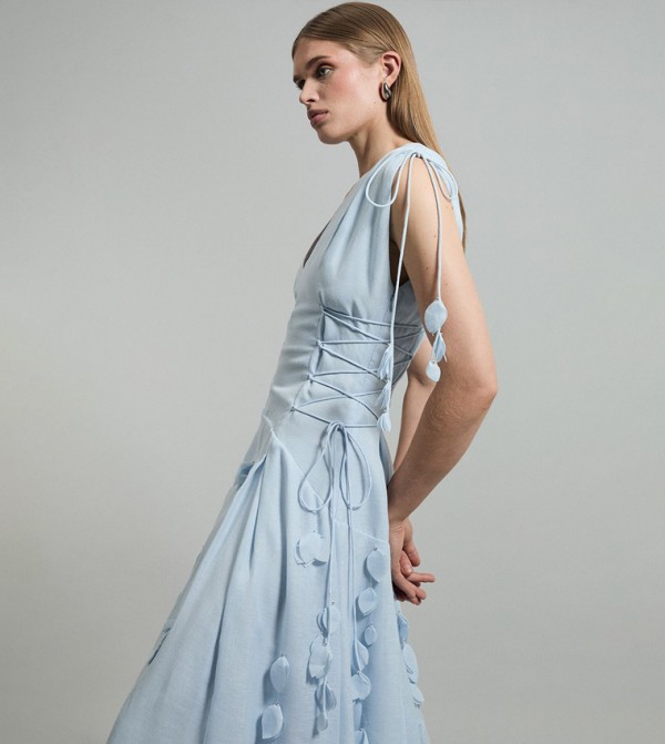 Petite Applique Lace Up Midi Woven Dress