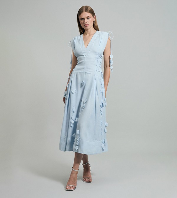 Appliqued Lace Up Maxi Woven Dress