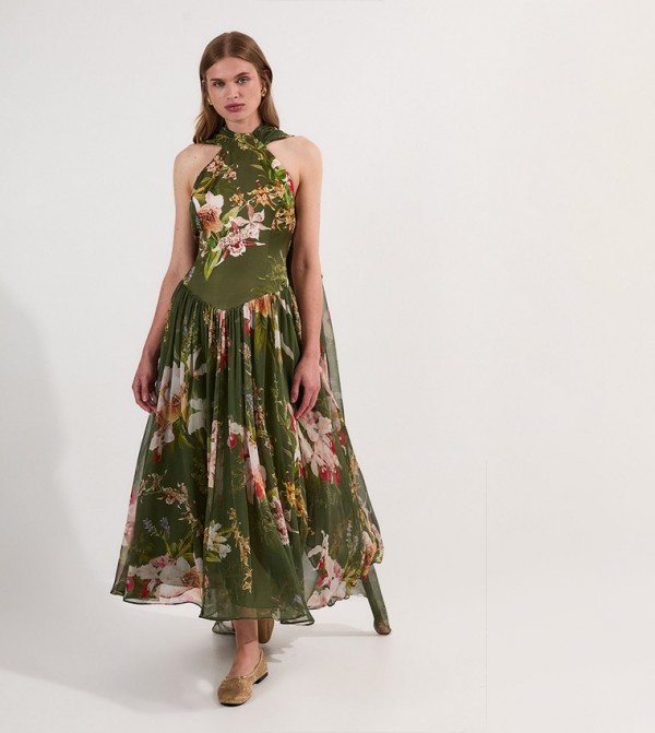 Garden Floral Viscose Georgette Satin Mix Slip Midaxi Dress