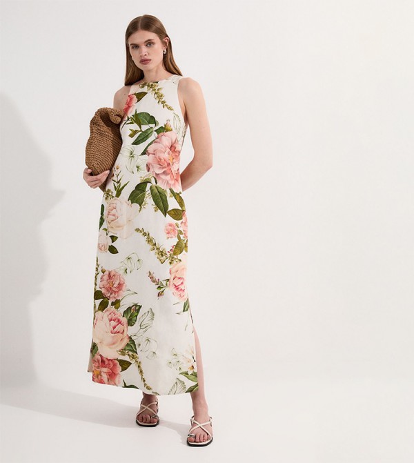 Floral Print Linen Viscose Midi Dress