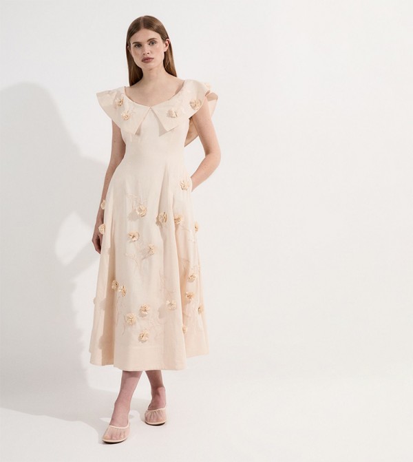 Applique Bardot V-Neck Maxi Dress