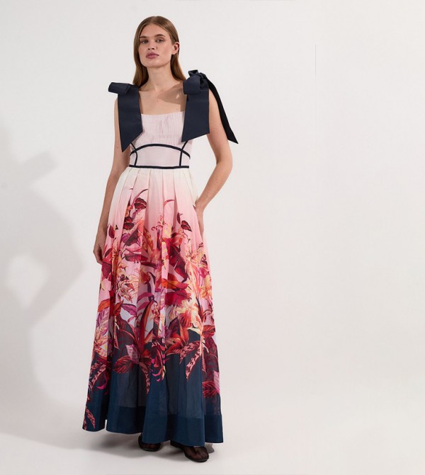 Tropical Floral Silk Cotton Woven Strappy Woven Maxi Dress