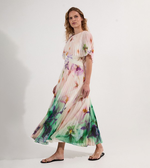 Pleated Floral Cape Sleeves Low Back Woven Maxi Dress
