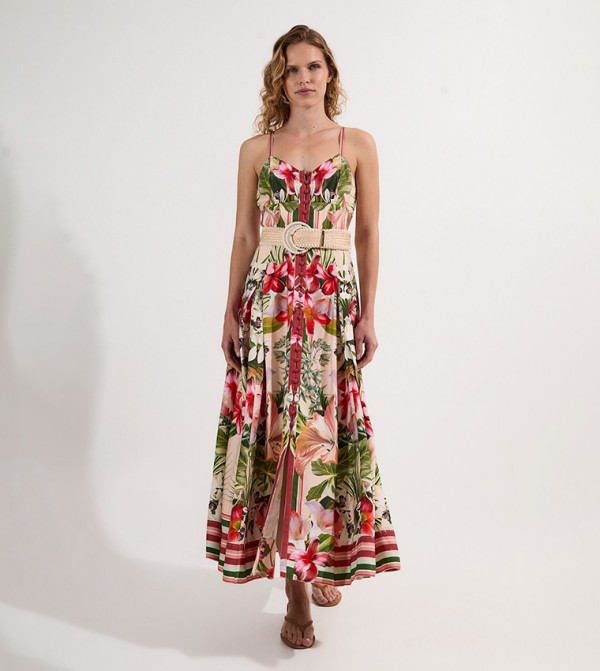 Floral Print Viscose Linen Woven Maxi Dress