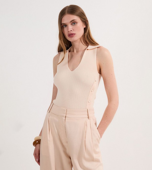 Rib Knit Sleeveless Top with Button Detail