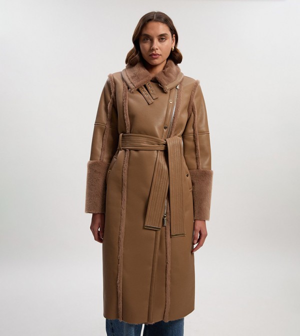 Faux Fur Buckle Detail Belted Biker Midi Coat